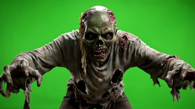 A rotting zombie in a torn grey shirt lunging forward with both hands reaching out