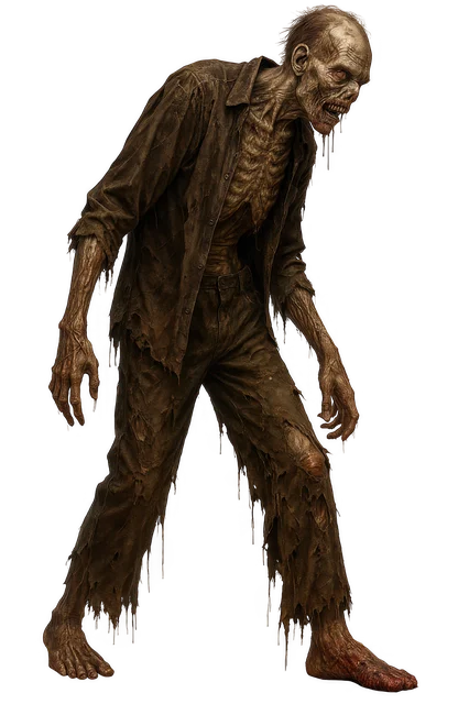 A thin zombie in ragged brown clothes shuffling forward barefoot